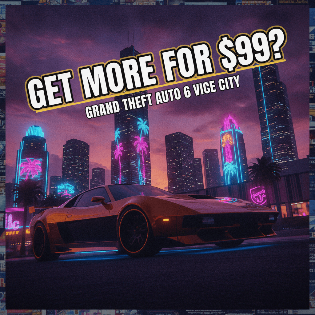 GTA 6 Ultimate Edition box art style key art with Vice City skyline and neon lighting