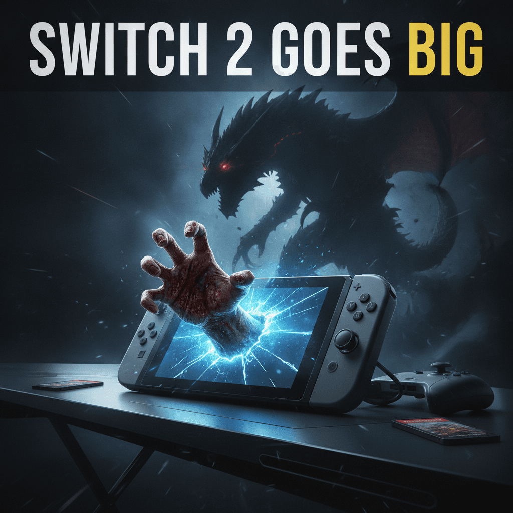 Nintendo Switch 2 console on a desk with Resident Evil and Monster Hunter Wilds artwork on screen