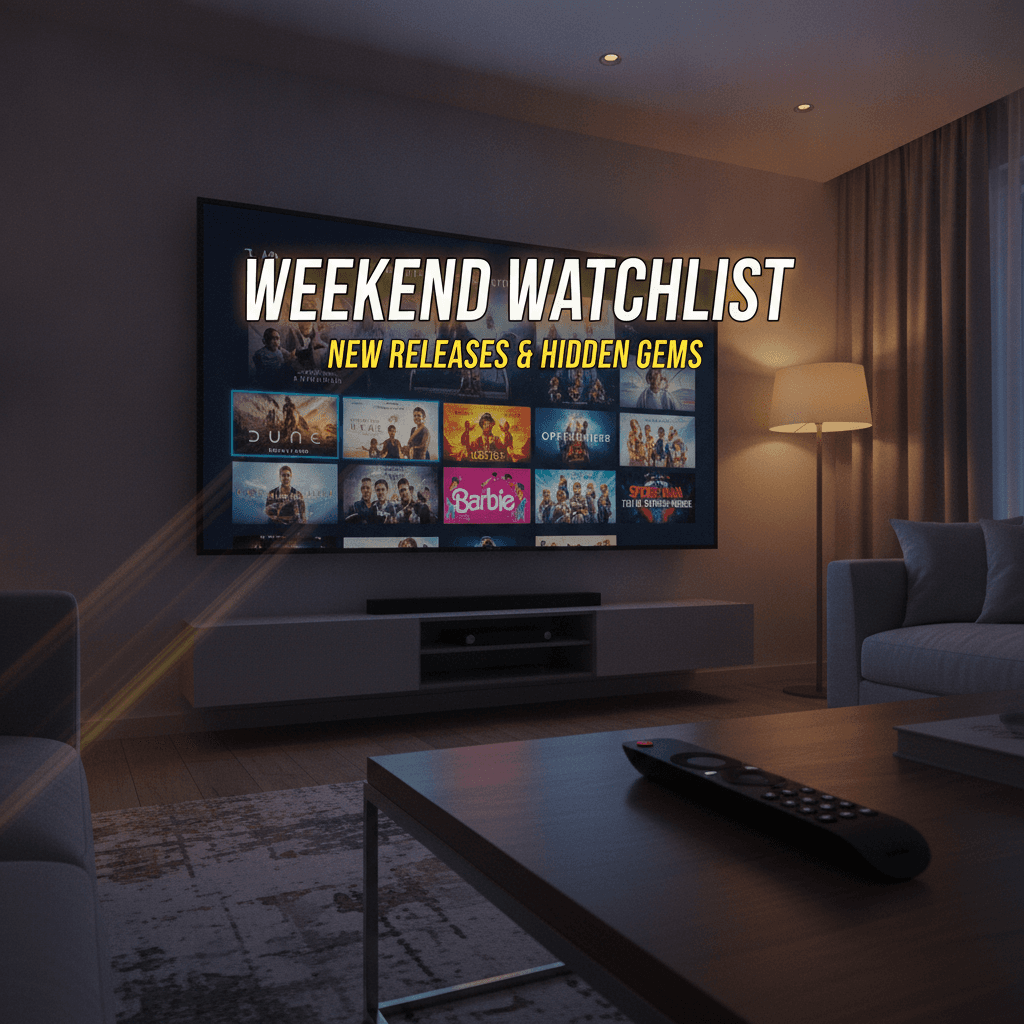 Streaming service home screen on a TV showing new movie and show thumbnails in a dark living room