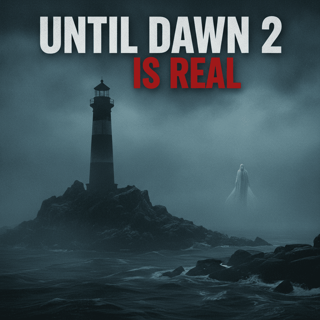 Dark foggy island with a lighthouse silhouette representing the horror game Until Dawn 2, dramatic moody editorial thumbnail