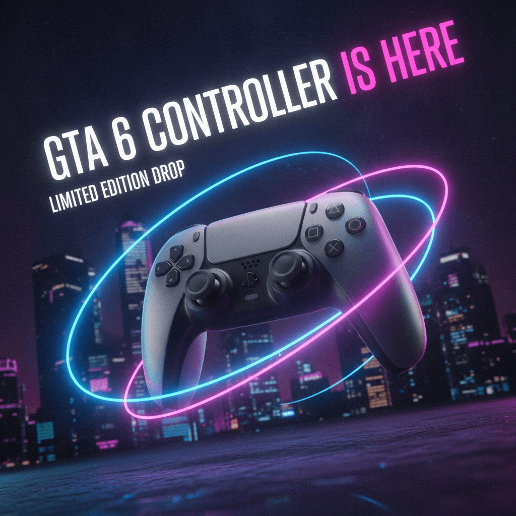 Black and white iridescent PS5 DualSense controller inspired by GTA 6 displayed on a dark neon background