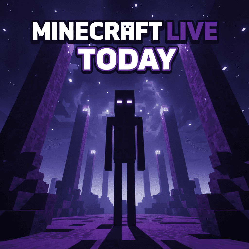 Blocky voxel Enderman silhouette in the purple End dimension with obsidian pillars, Minecraft style editorial thumbnail