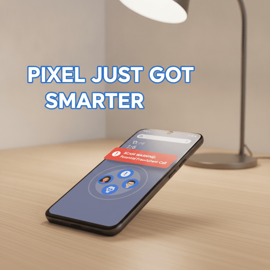 Google Pixel smartphone showing a home screen widget and a scam alert notification, editorial tech news thumbnail