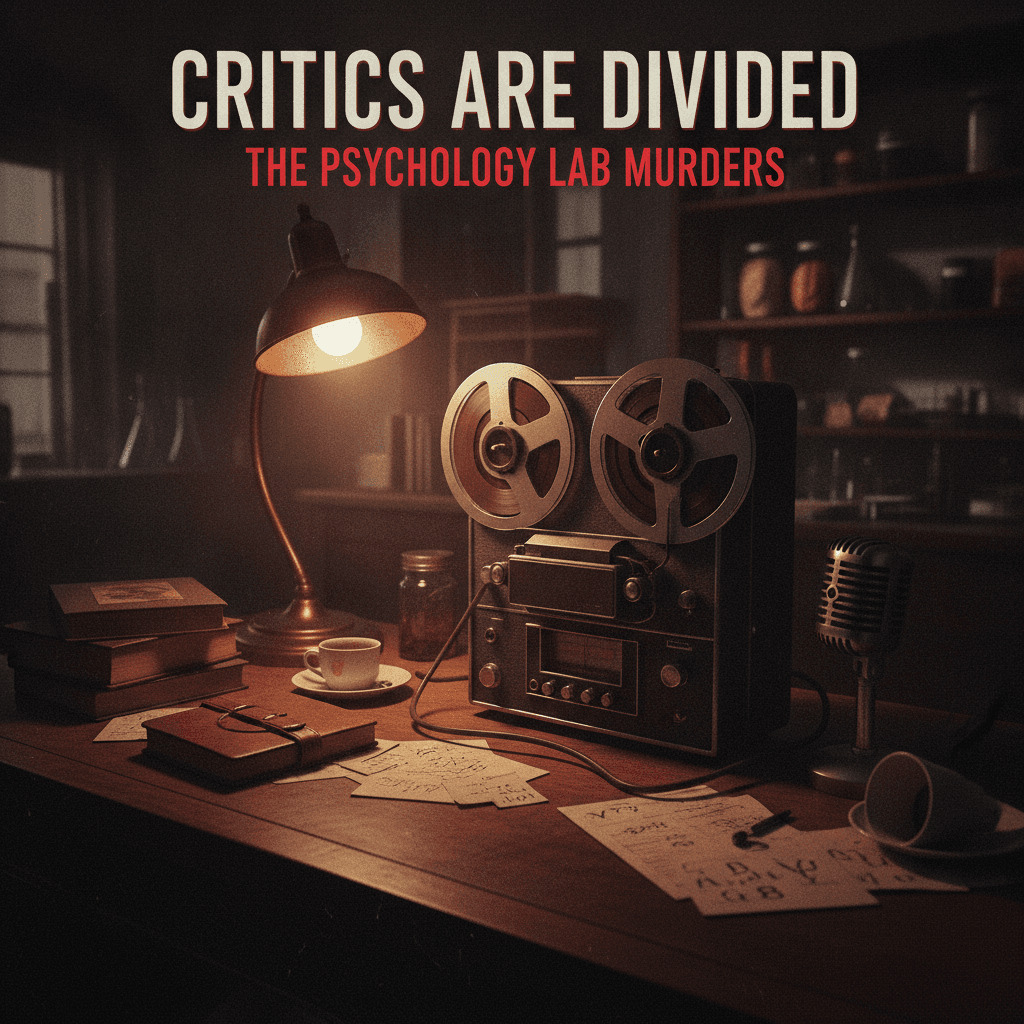 Moody vintage 1950s university psychology lab desk with a reel-to-reel recorder, dramatic editorial thumbnail for the Netflix film Unabomber