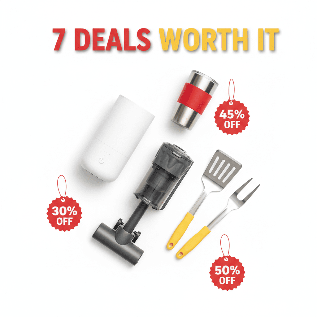 Flat lay of discounted home goods including a humidifier, compact vacuum, travel mug, and grilling tools with sale tags