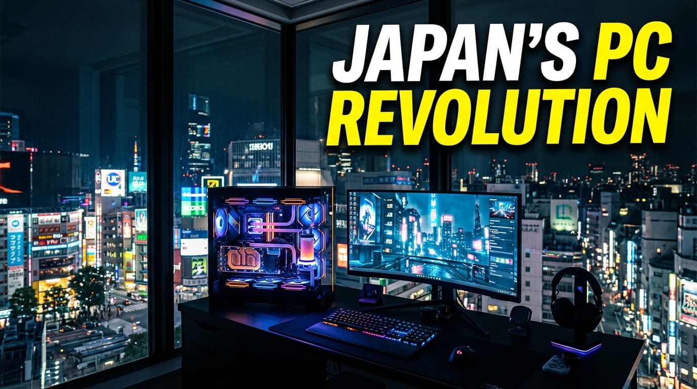 A modern gaming desk setup with glowing RGB peripherals and PC monitor in a Tokyo apartment