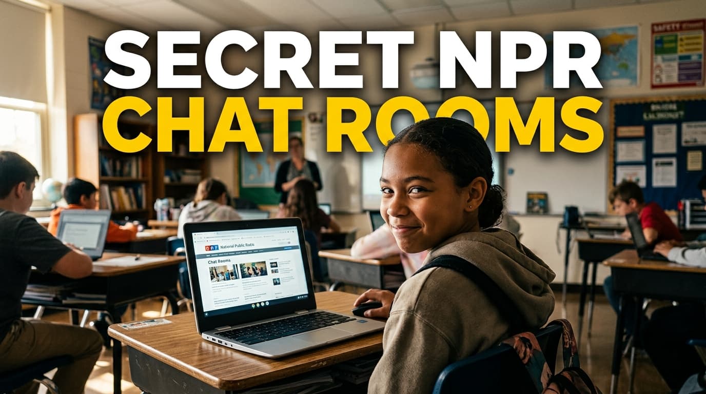 A middle school student looking sneakily at an NPR article on a school Chromebook laptop in class