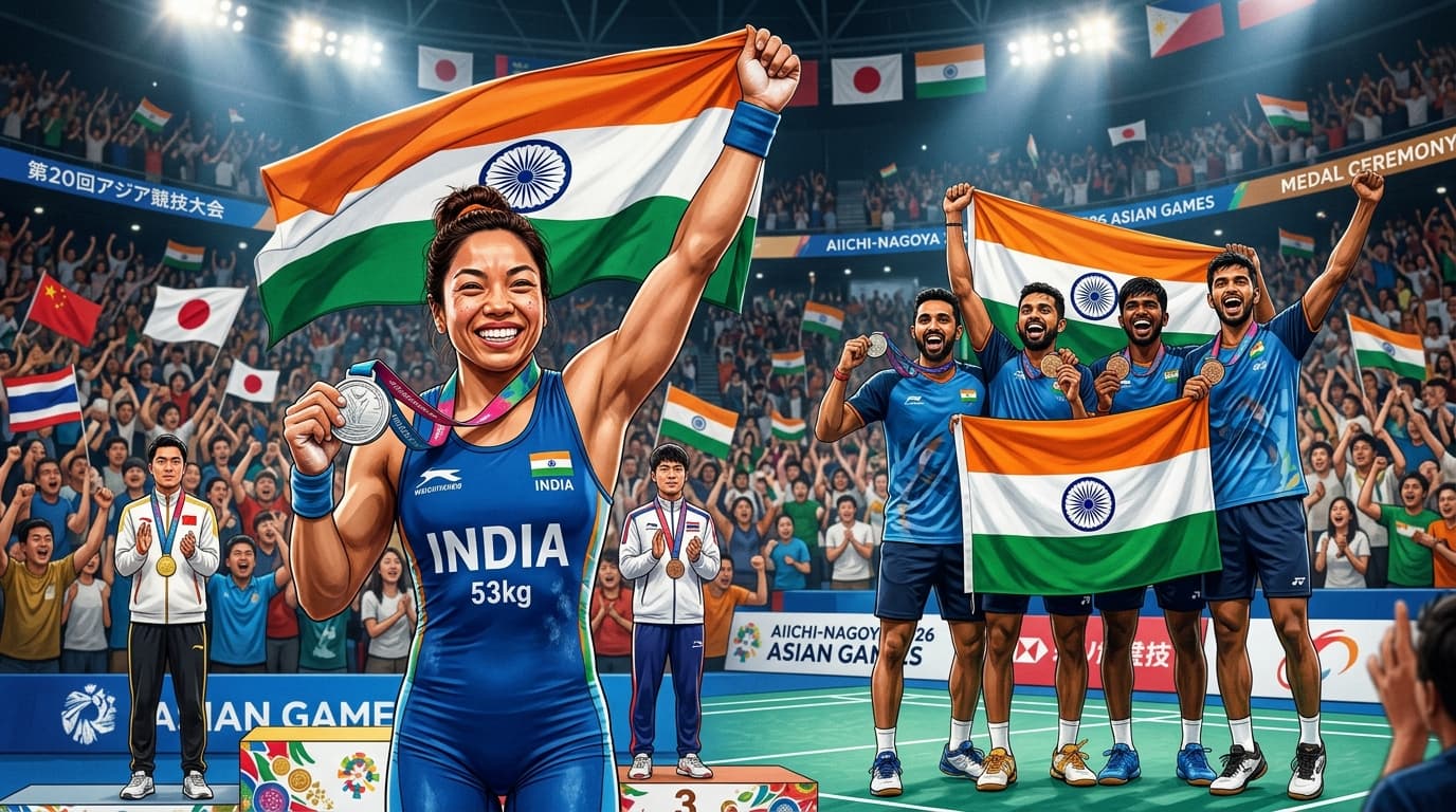 Weightlifter celebrating on an Asian Games competition podium, dynamic sports action photography style