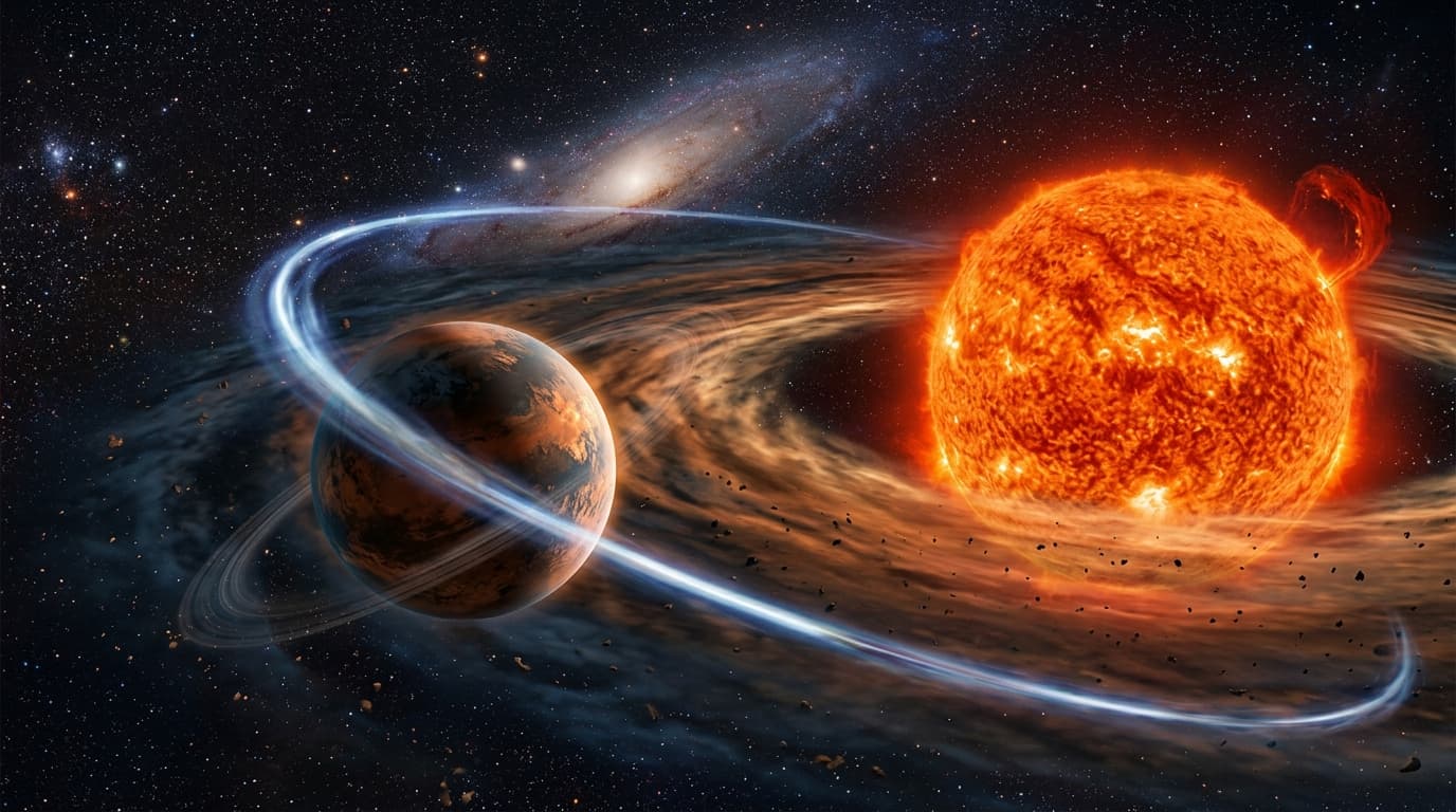 Artist's rendering of a blue sub-Neptune exoplanet orbiting a small red dwarf star in a dramatic tilted backwards orbit against a starfield, space news thumbnail with bold text overlay