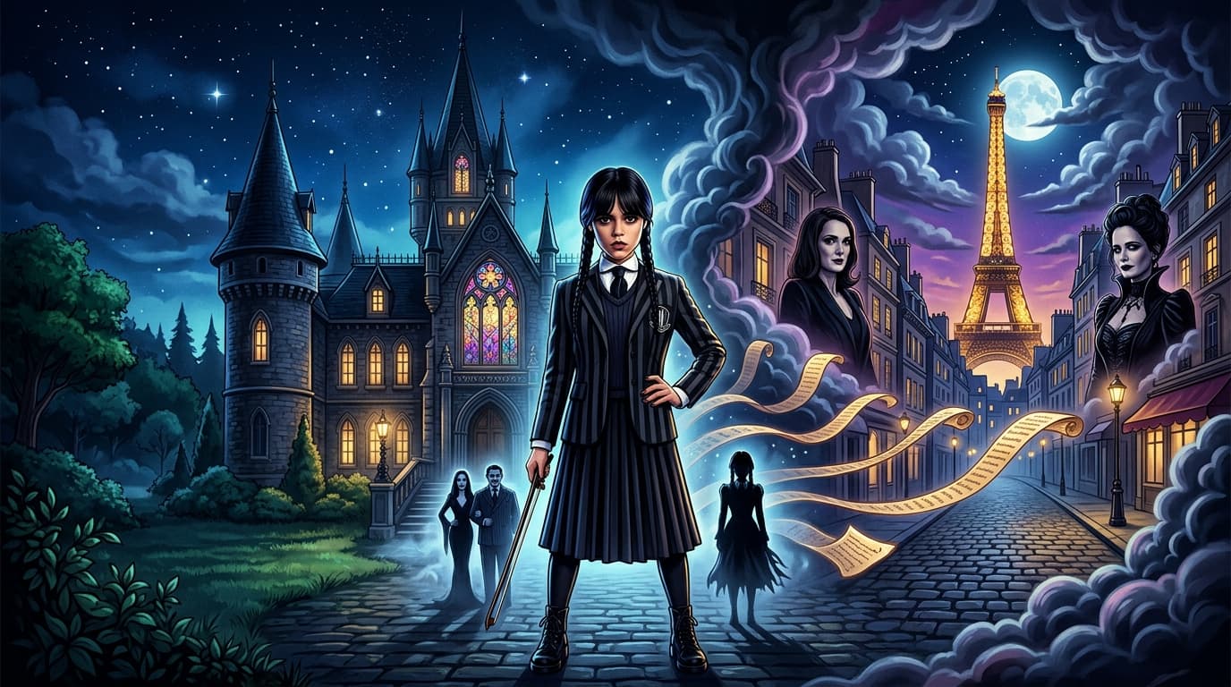Gothic teenage girl in black and white school uniform standing in front of a dark gothic academy building, Netflix series style promotional image with bold text overlay