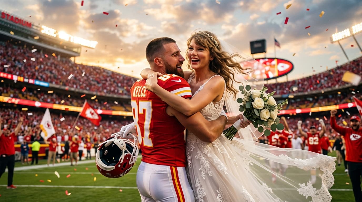 Blonde pop star smiling and celebrating in NFL stadium stands wearing red and gold team colors, bold clickbait entertainment news thumbnail with text overlay
