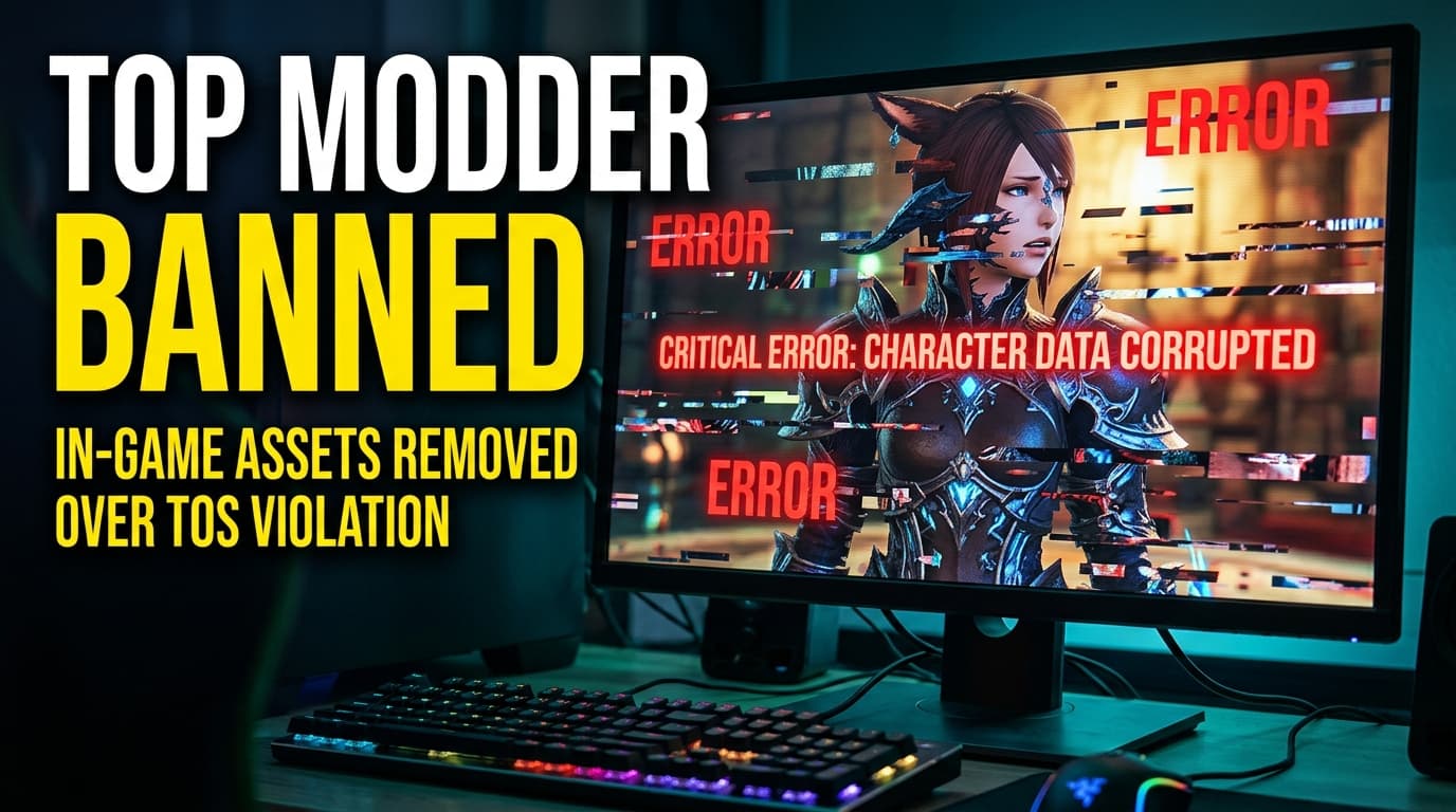 Digital fantasy character model silhouette surrounded by shattered modding code and server interface graphics