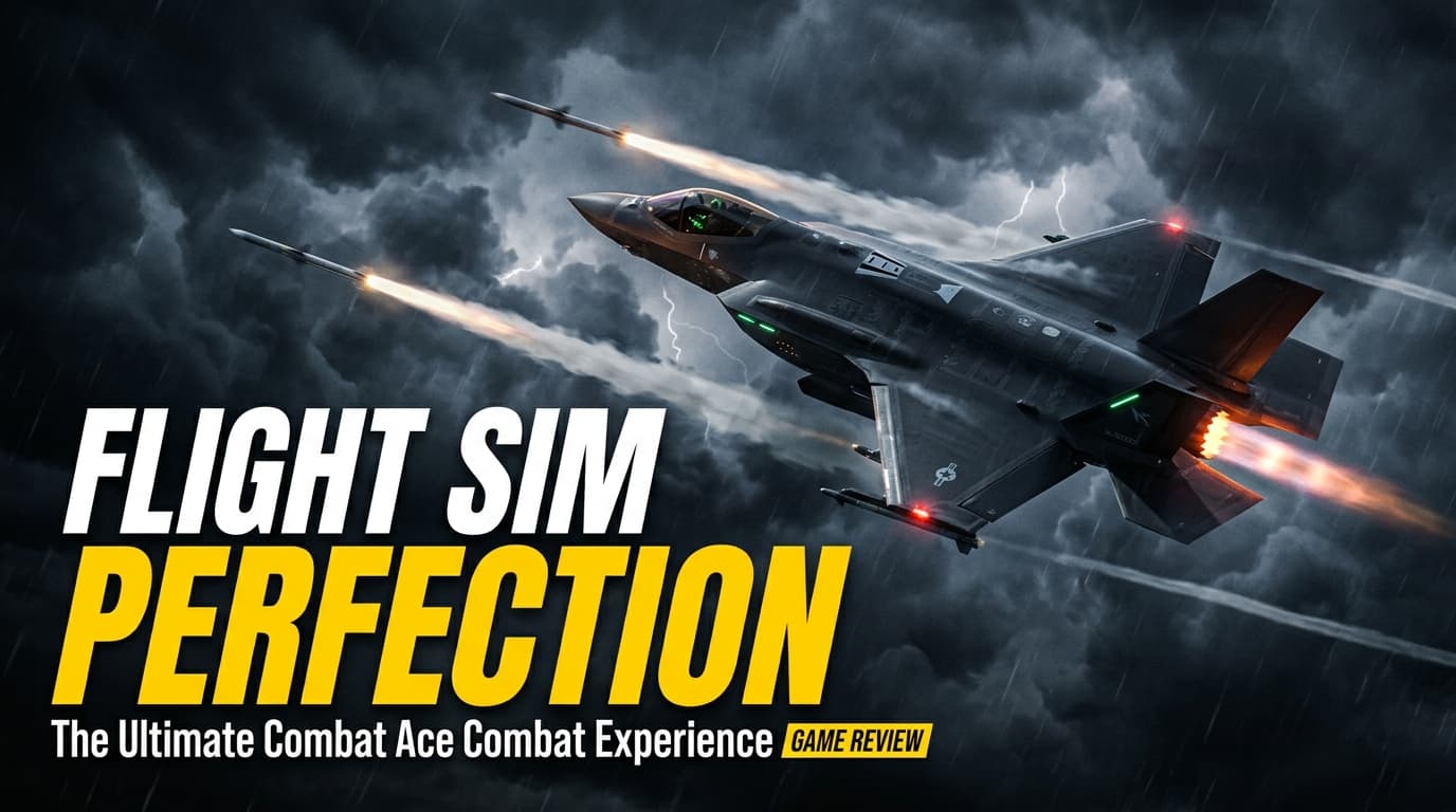 Modern fighter jet banking through storm clouds with missile vapor trails in Ace Combat 8