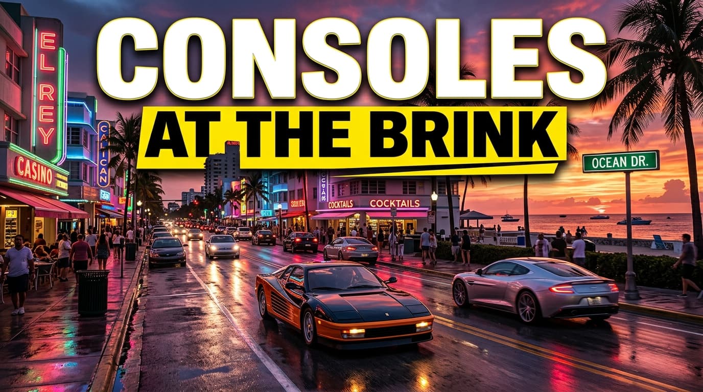 Futuristic skyline of a fictional Vice City coastal metropolis at sunset showing dynamic reflections on water and modern sports cars
