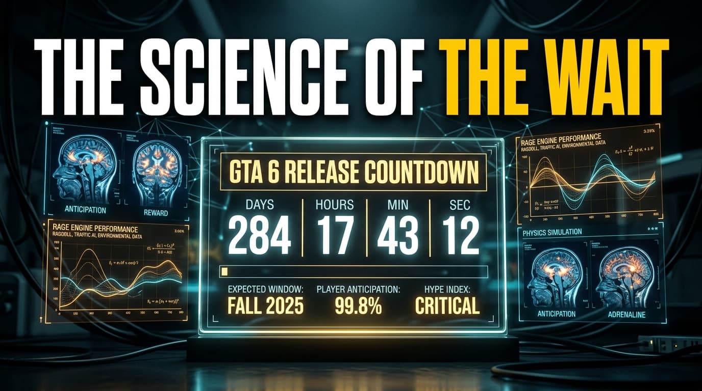 Digital countdown clock displaying the GTA 6 launch timer alongside stylized scientific visualization waveforms
