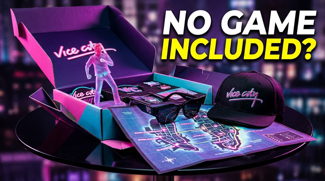 Rockstar Games Vice City collector merchandise box featuring sunglasses, hat, map, and collectible character statue