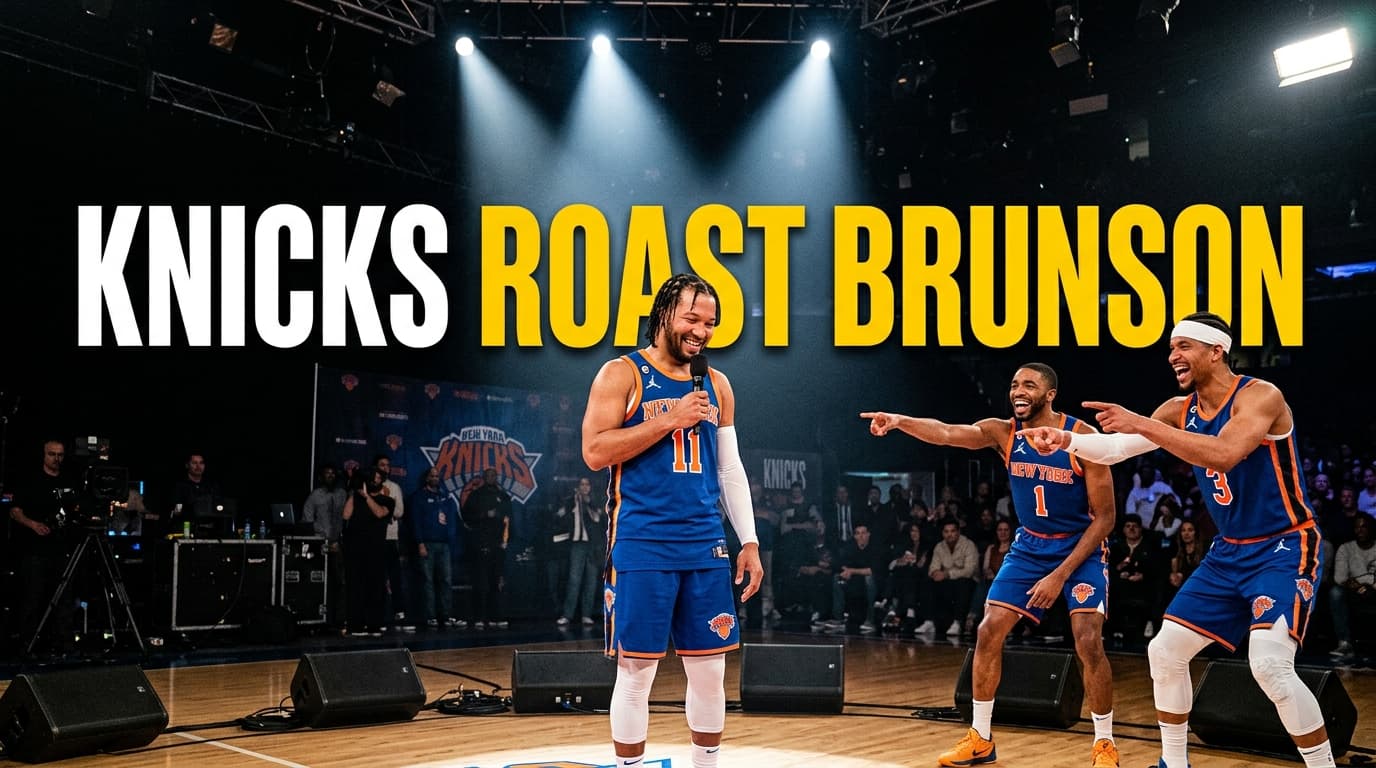 Jalen Brunson on the Saturday Night Live stage smiling alongside his New York teammates during the monologue