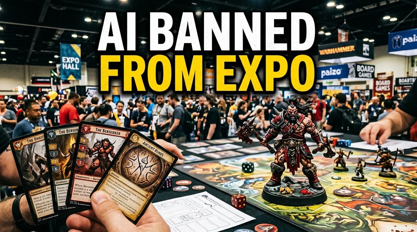 Crowded tabletop gaming convention hall filled with board games, miniatures, and attendees