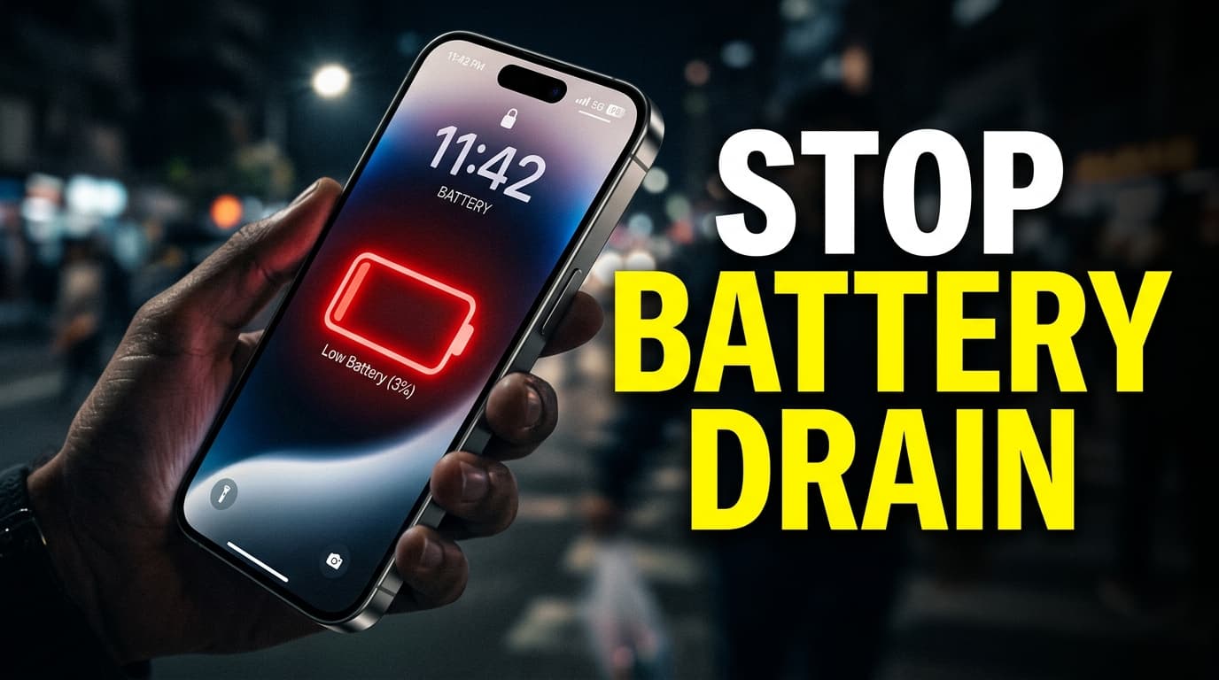 A close up of an iPhone displaying a red low battery warning icon on the screen.