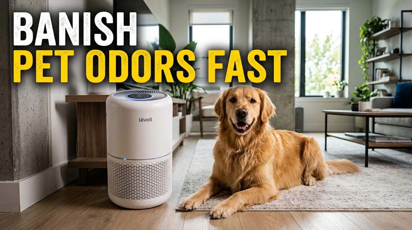 A sleek white Levoit air purifier sitting on a hardwood floor next to a resting golden retriever in a modern apartment.