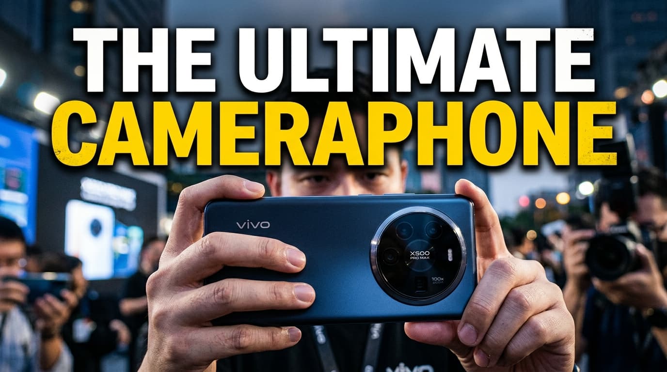 A sleek smartphone featuring a massive rear camera module sitting next to a thicker phone emphasizing battery size, sitting on a dark reflective surface.