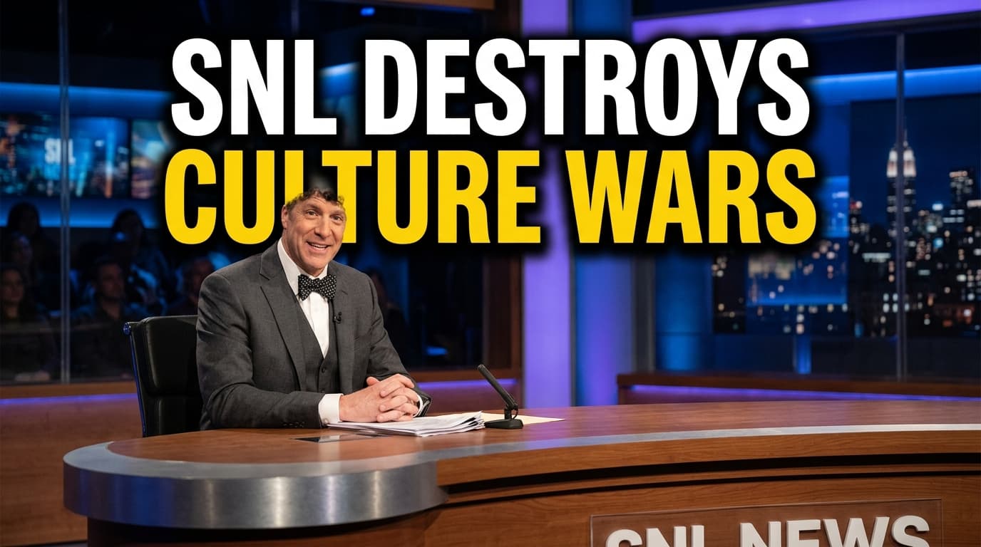 A satirical late-night television news desk featuring a comedian performing an exaggerated political parody.