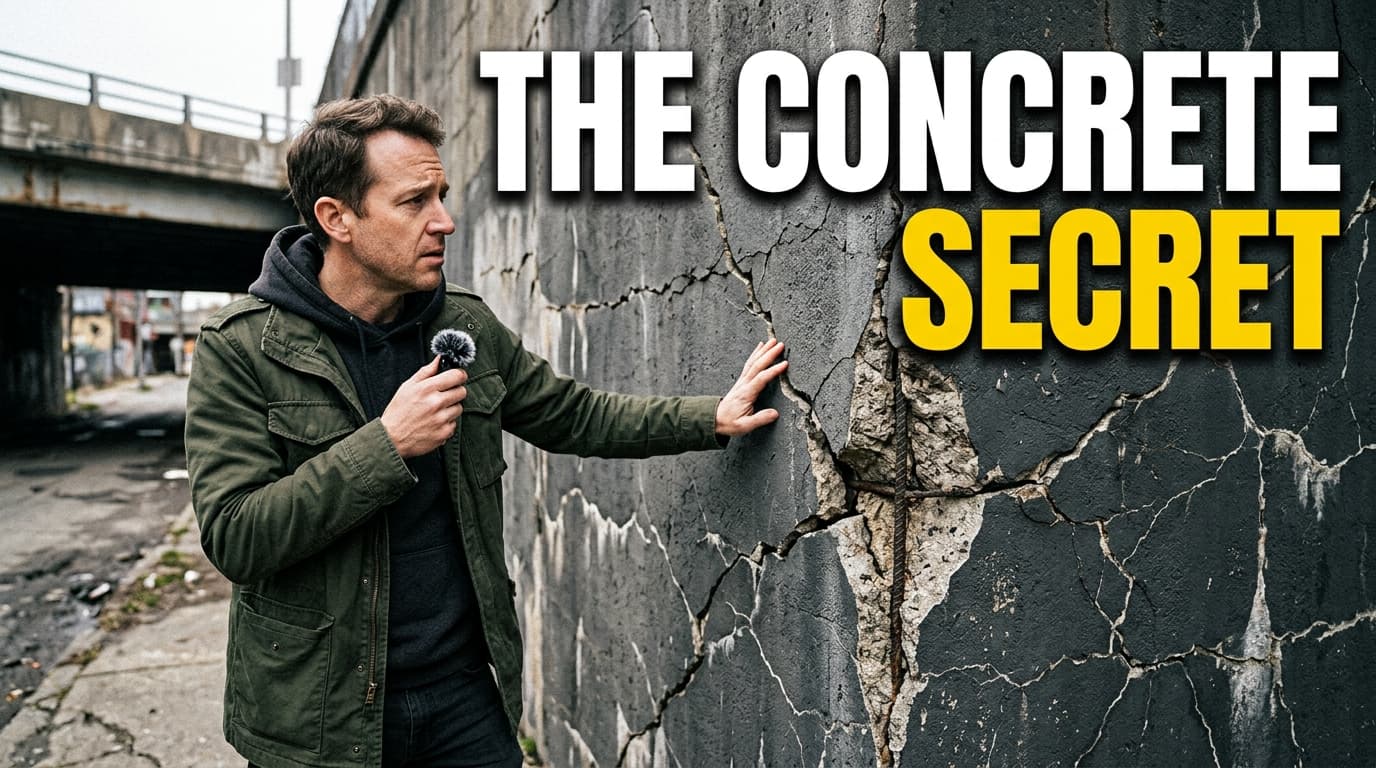 John Wilson holding a camera pointing at a cracked concrete wall