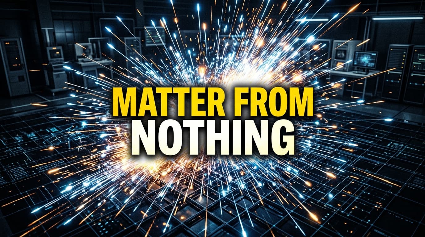 Glowing abstract representation of quantum particles emerging from a dark grid vacuum