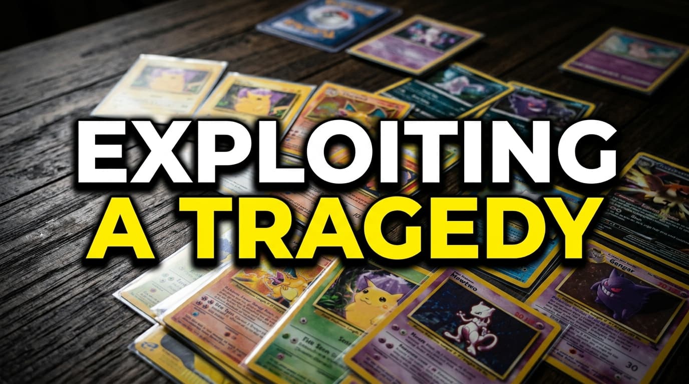 A chaotic pile of Pokémon trading cards scattered across a dark wooden table with a blurred background.