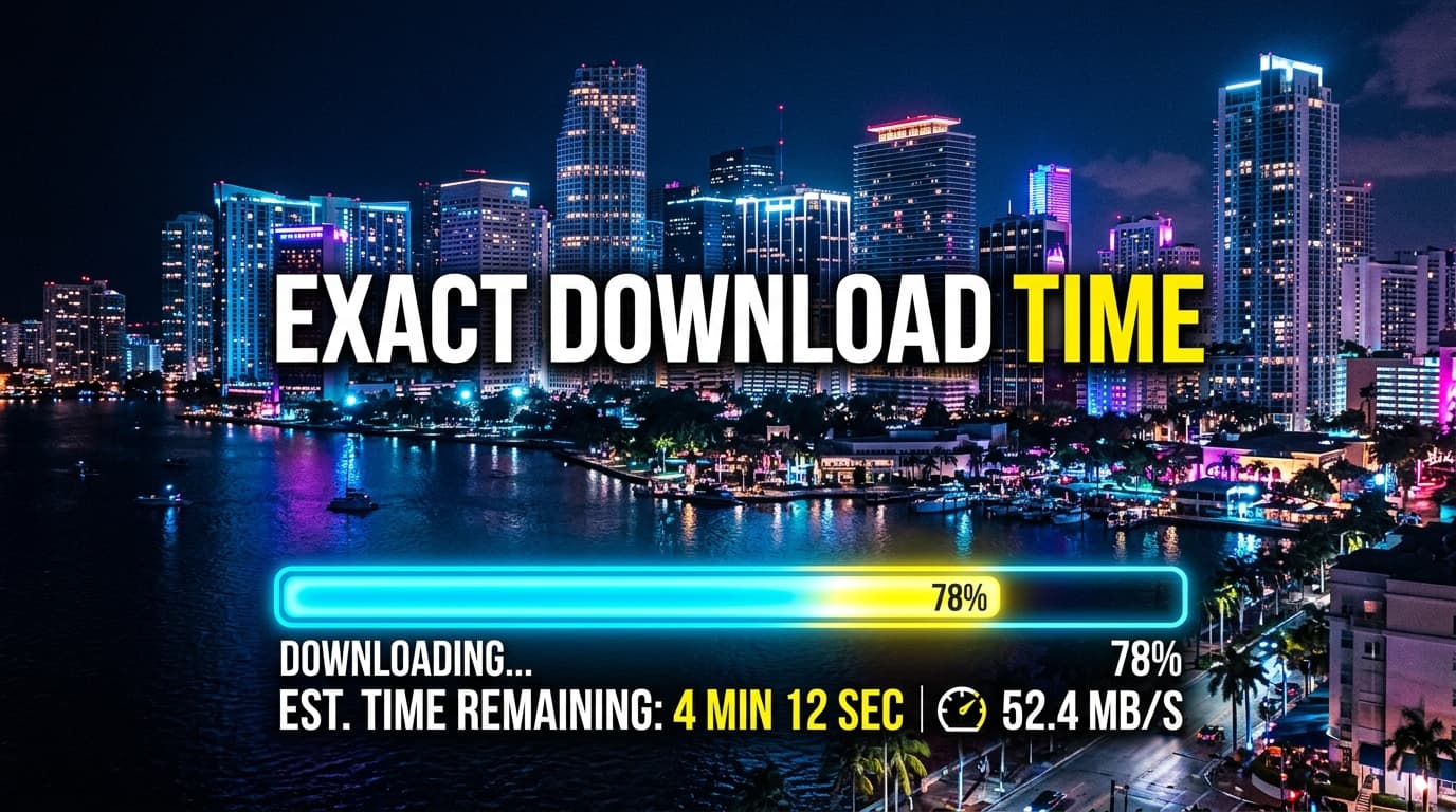 A glowing digital download progress bar superimposed over a neon-lit vice city skyline at midnight.