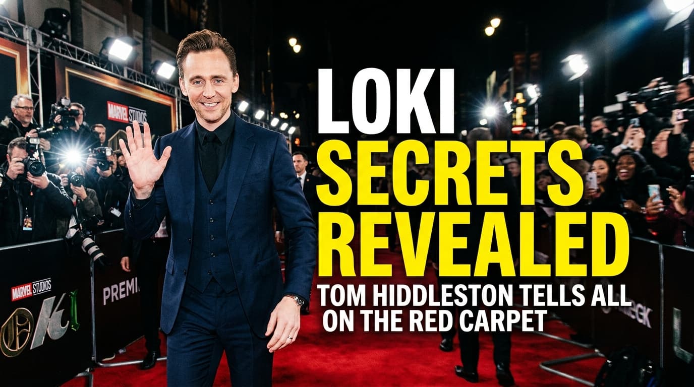 Tom Hiddleston smiling cryptically on a red carpet while standing in front of a blurred Avengers logo.