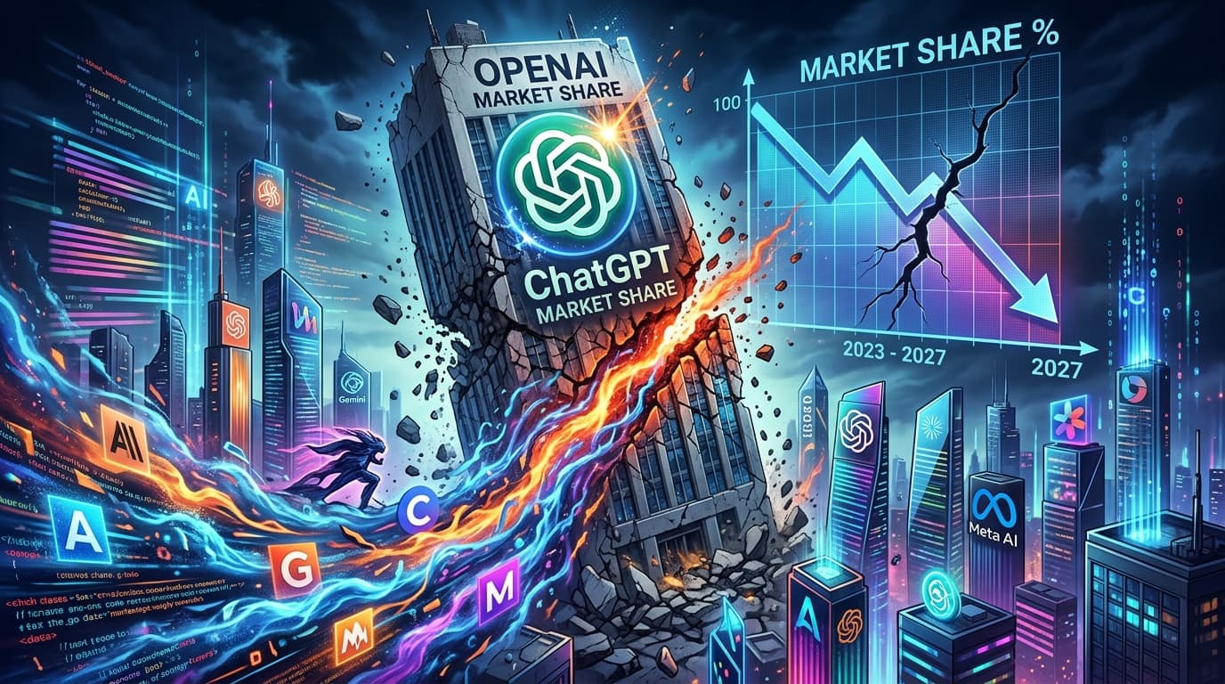 A glowing digital graph showing a downward trend next to the ChatGPT logo, surrounded by rival company logos.