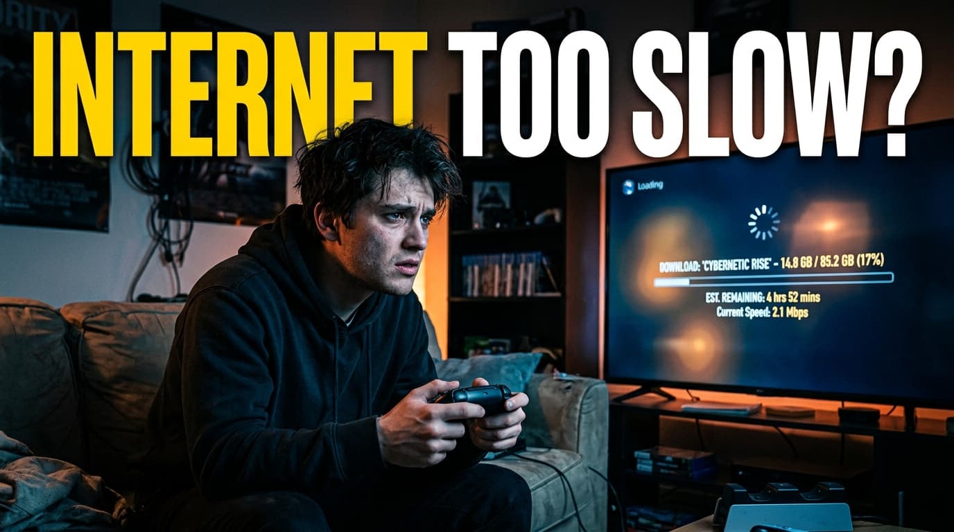 A person looking stressed while holding a video game controller in front of a slow download progress bar on a TV screen.