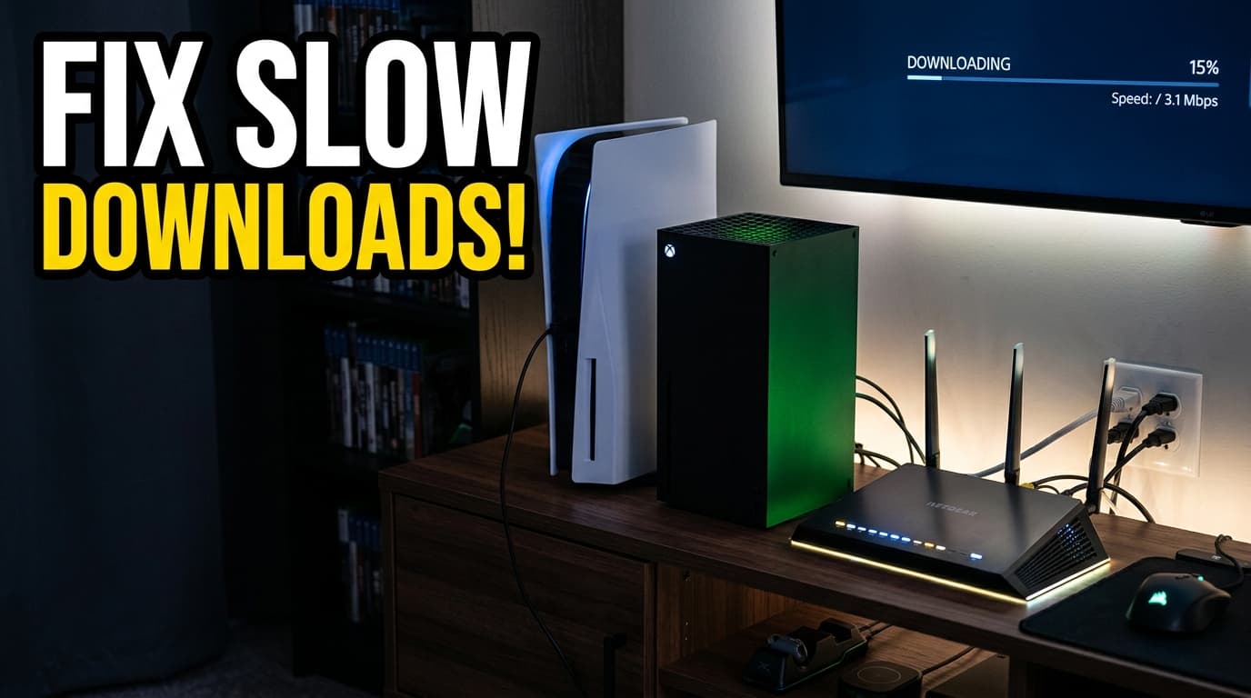 A PlayStation 5 and Xbox Series X console sitting next to a glowing internet router.