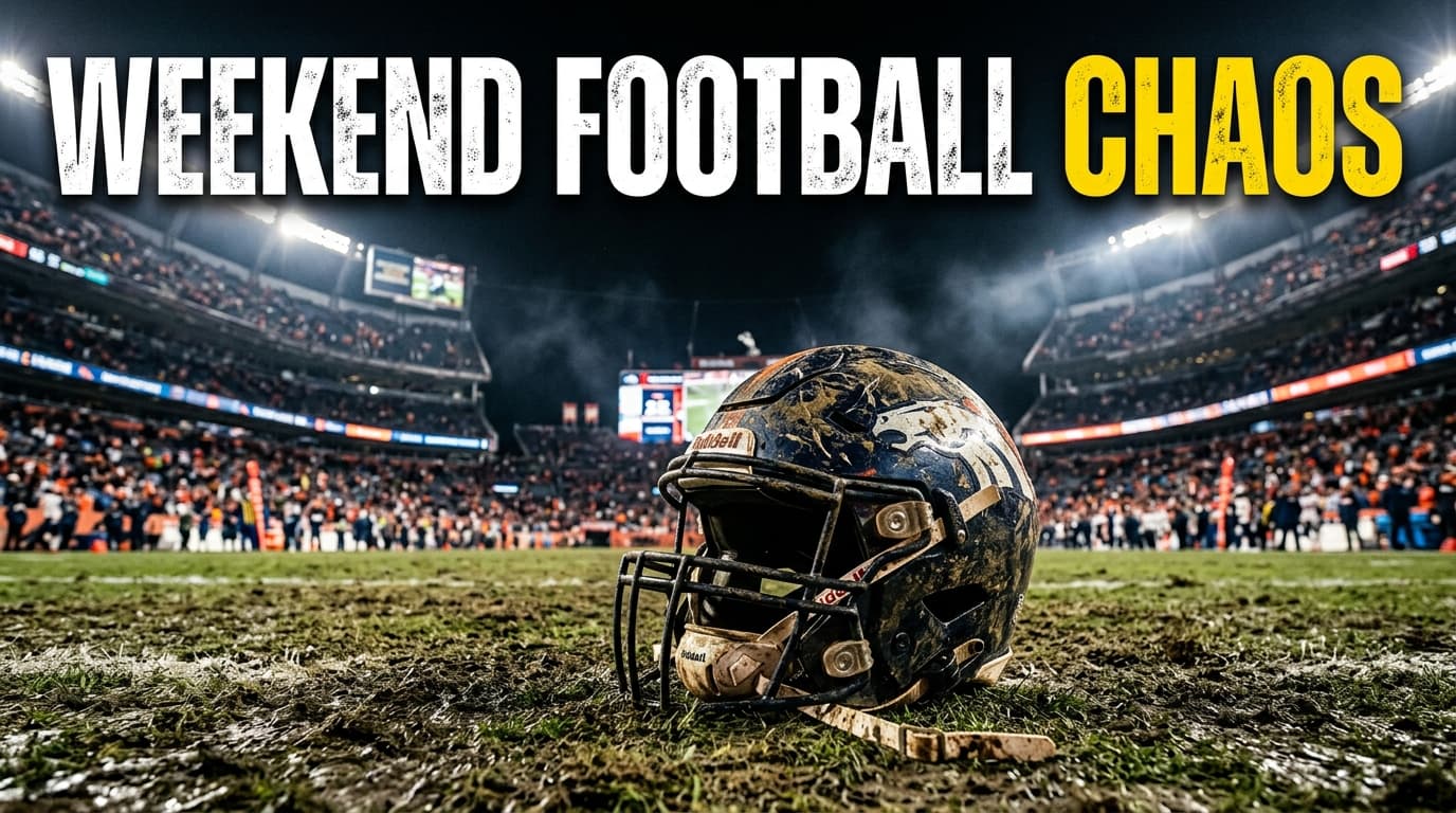 A split image showing a dramatic football tackle on one side and a college football stadium under stadium lights on the other.