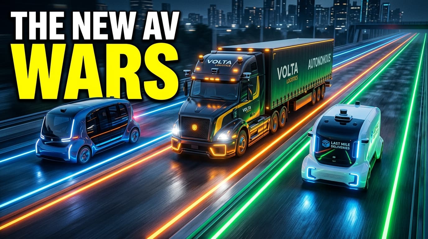 Multiple different types of autonomous vehicles including a robotaxi, a delivery pod, and a semi-truck driving on separate distinct highway lanes