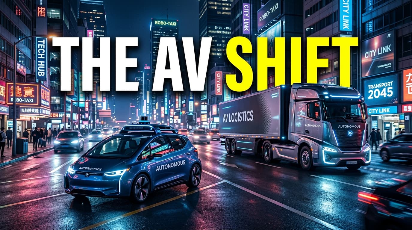 A futuristic autonomous robotaxi and an autonomous semi-truck driving on a smart city road at night.