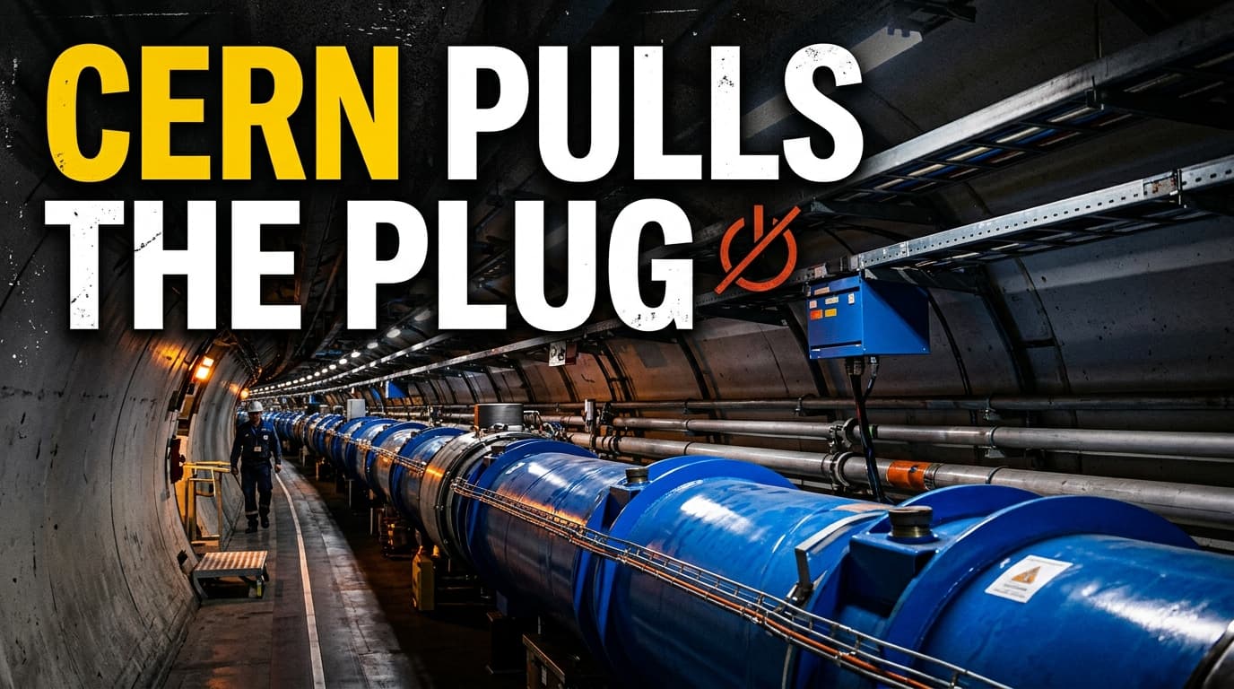 A brightly lit section of the Large Hadron Collider tunnel showing massive blue superconducting magnets.