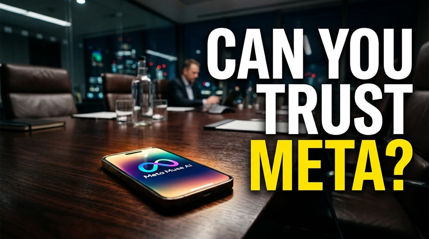 A glowing smartphone displaying the Meta Muse AI logo resting on a corporate boardroom table, surrounded by shadows.