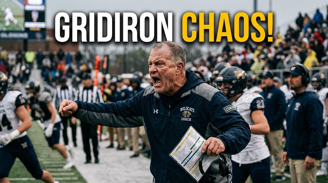 A frustrated football coach yelling on the sidelines during a chaotic game with players in the background.