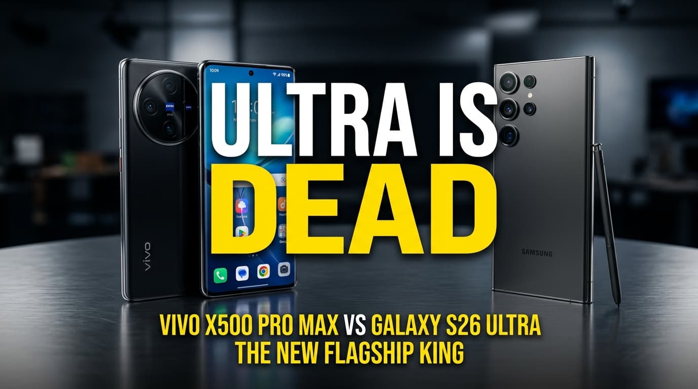 A side by side comparison of the Vivo X500 Pro Max and the Galaxy S26 Ultra smartphones resting on a dark slate table.