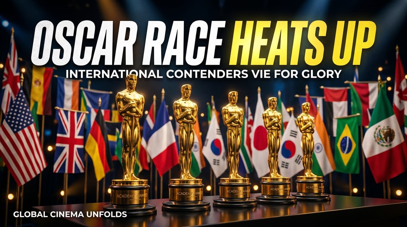 Official Oscar statues lined up in front of international flags.