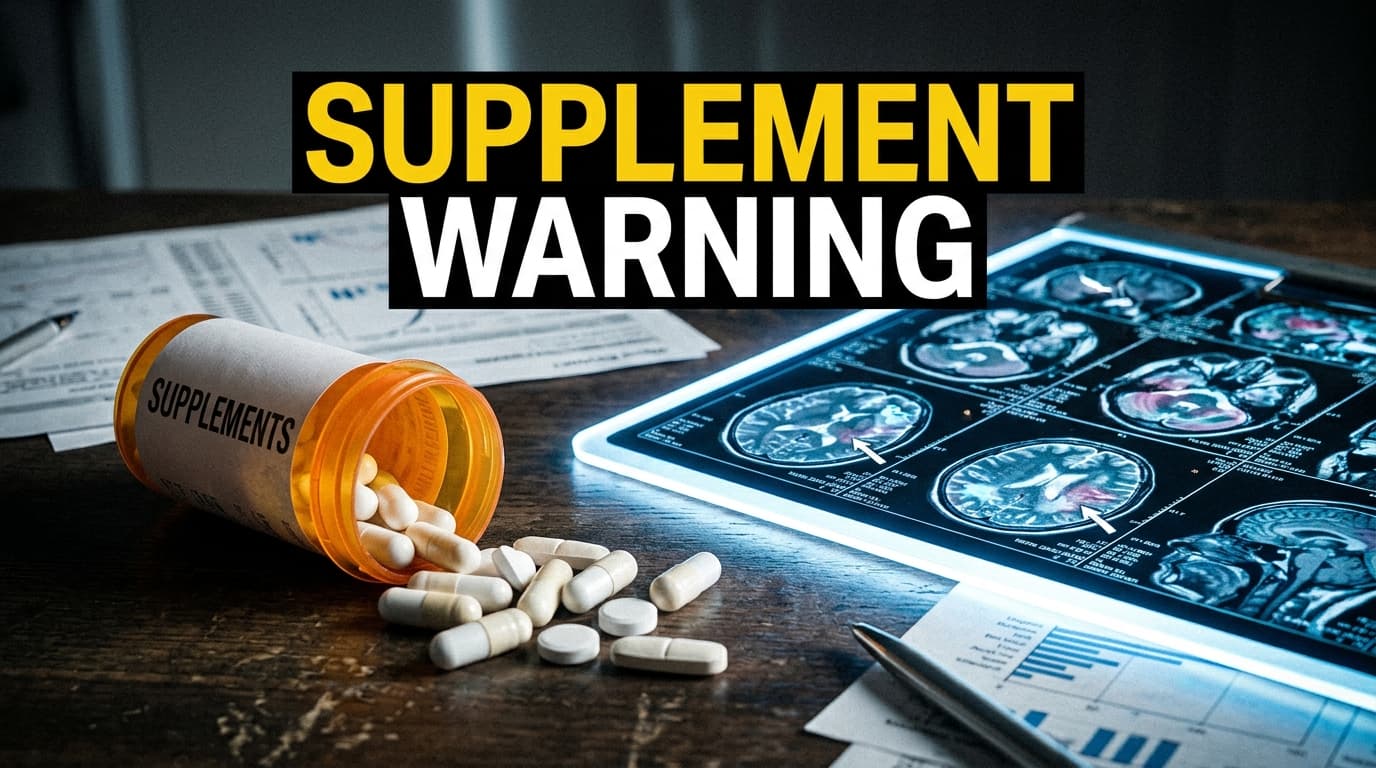 A spilled bottle of glucosamine joint supplement pills next to a glowing medical brain scan highlighting cognitive decline.