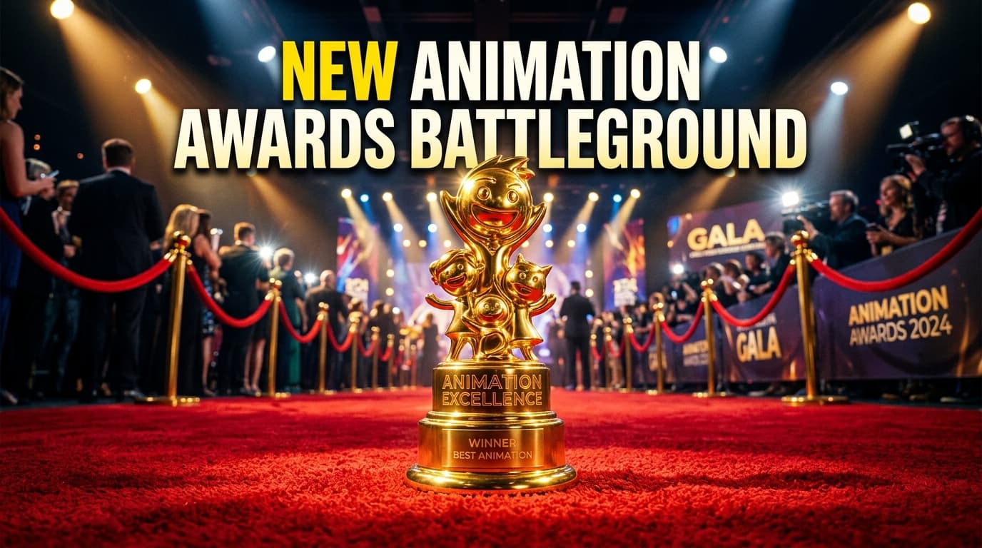 A shiny gold animation award trophy sitting on a red carpet under bright theatrical spotlights, representing an exclusive Hollywood screening event.