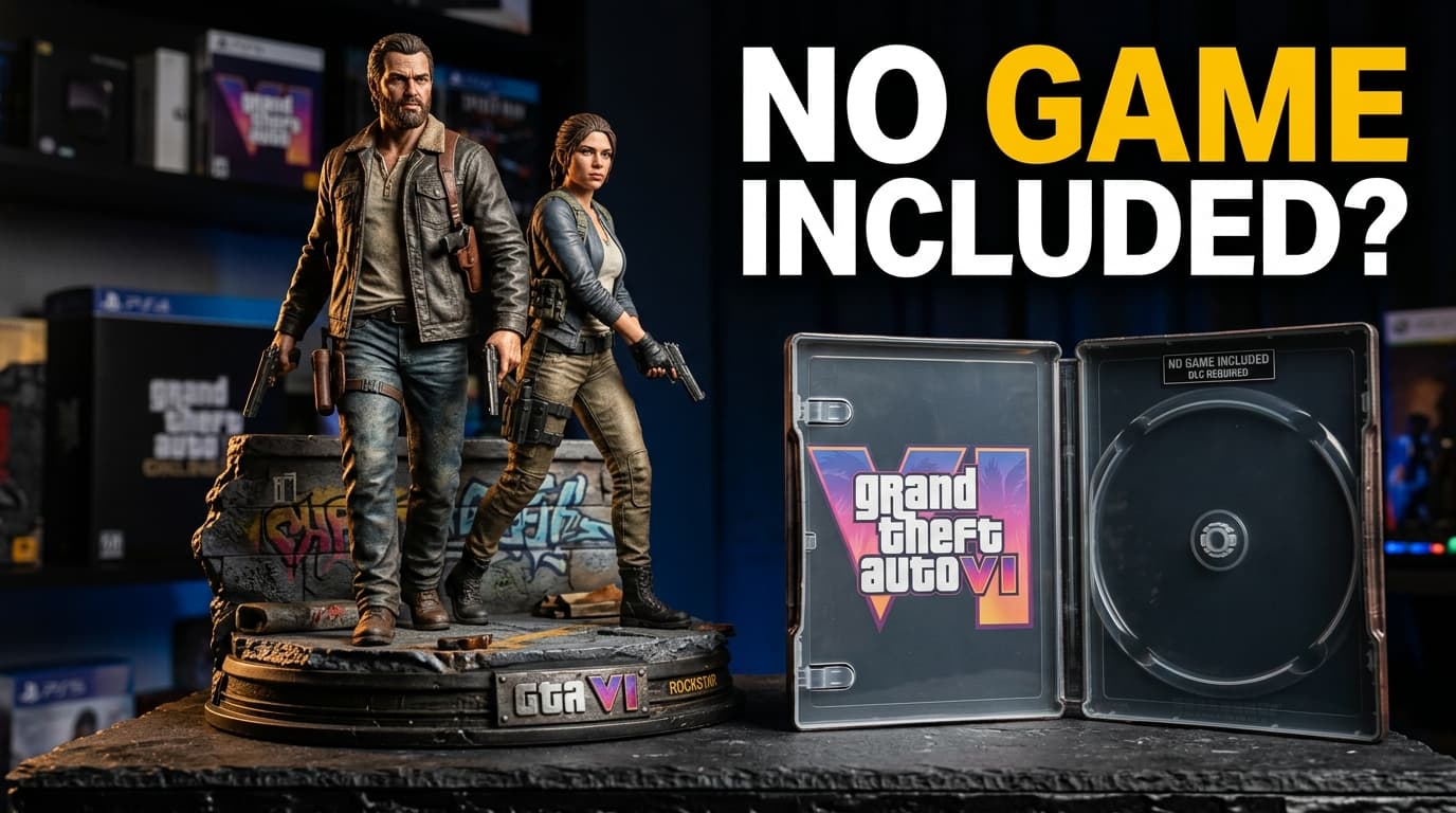 A massive empty steelbook game case sitting next to a highly detailed resin statue of Jason and Lucia.