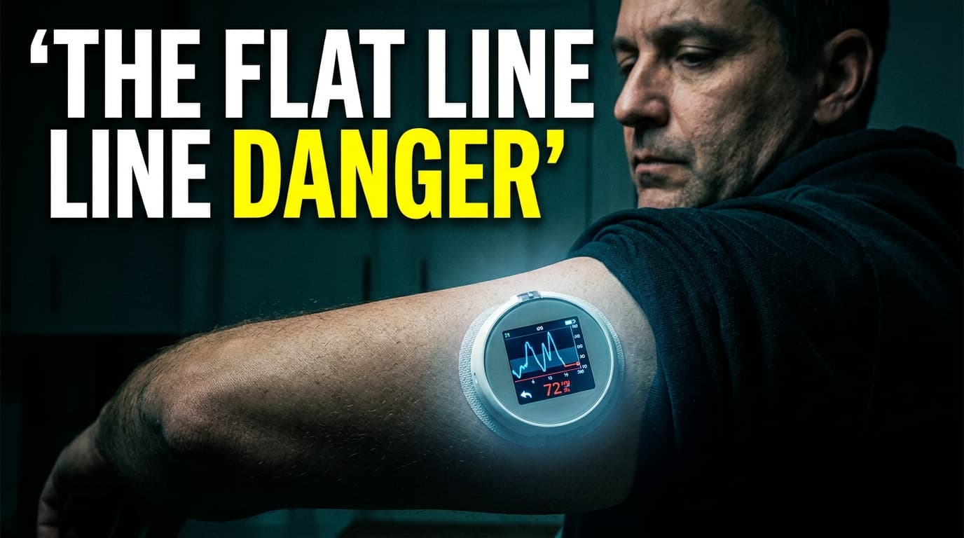 A continuous glucose monitor displaying a fluctuating blood sugar graph next to medical charts.