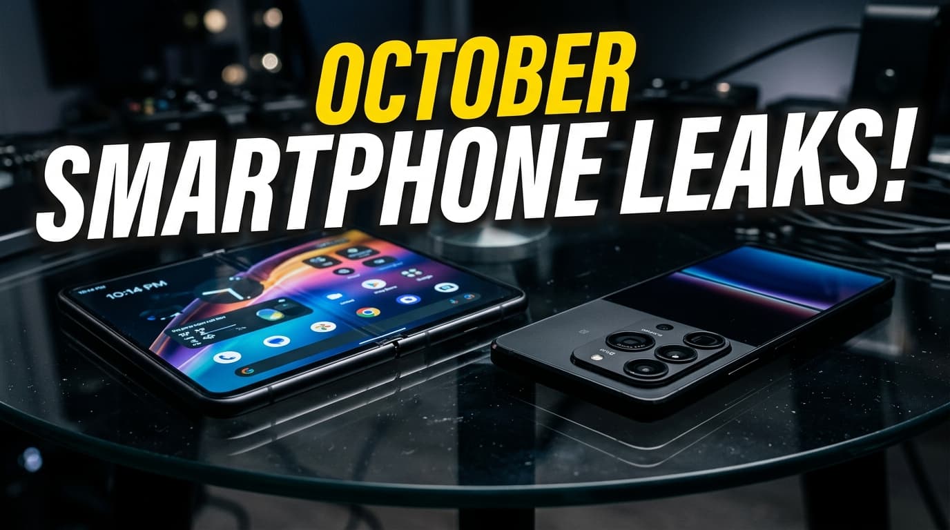 A sleek modern foldable smartphone resting on a reflective glass table next to a premium camera-focused mobile device.