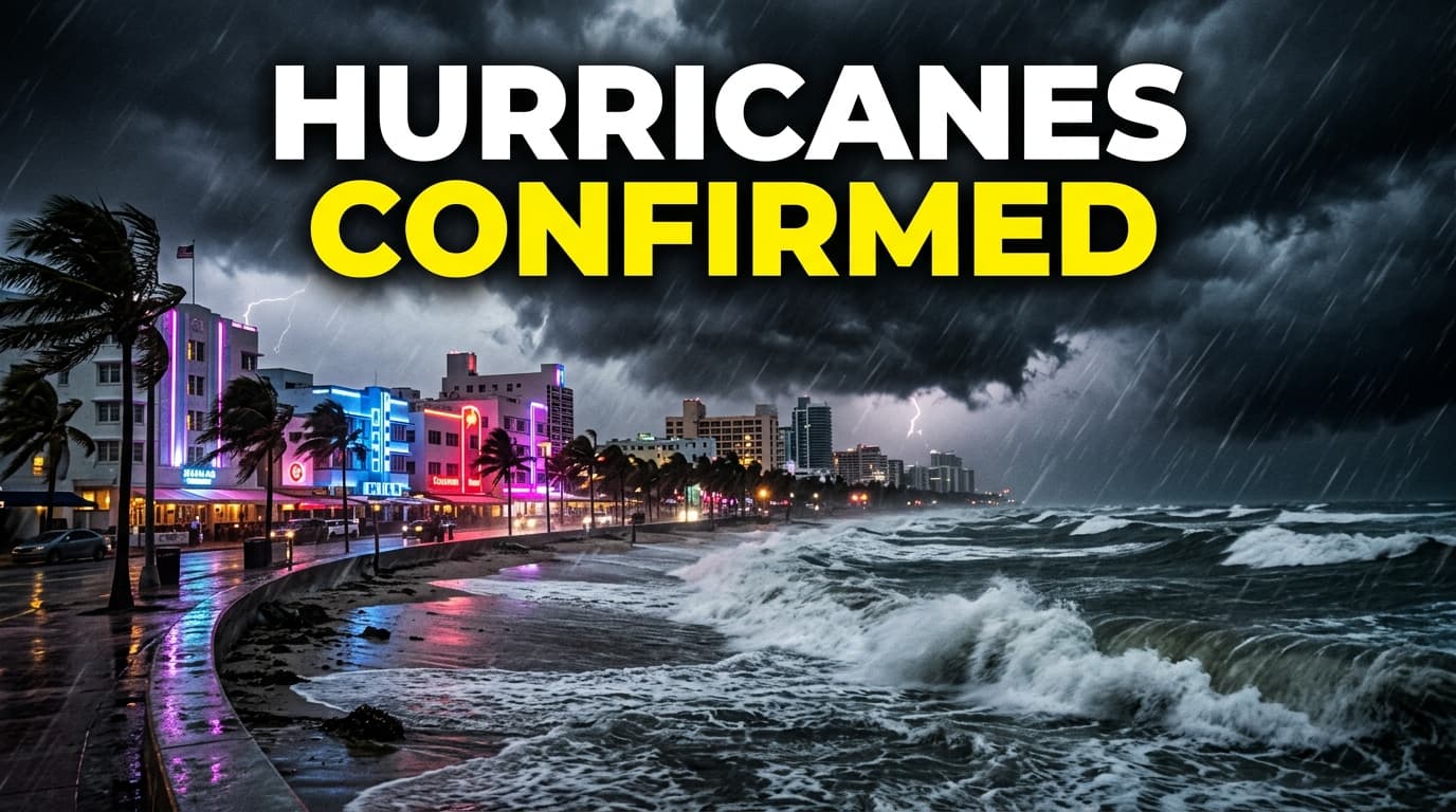 A massive dark tropical storm rolling over a neon-lit Miami style beach city with palm trees blowing in the wind.