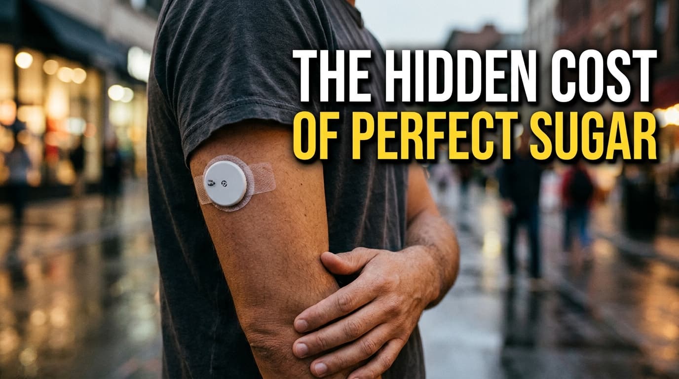 A frustrated person looking closely at a continuous glucose monitor app on their smartphone.