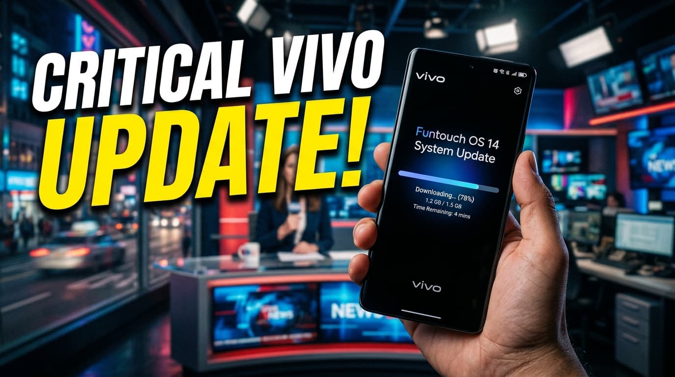 A person holding a Vivo smartphone displaying a system update download screen, with a blurred background showing an urban environment.